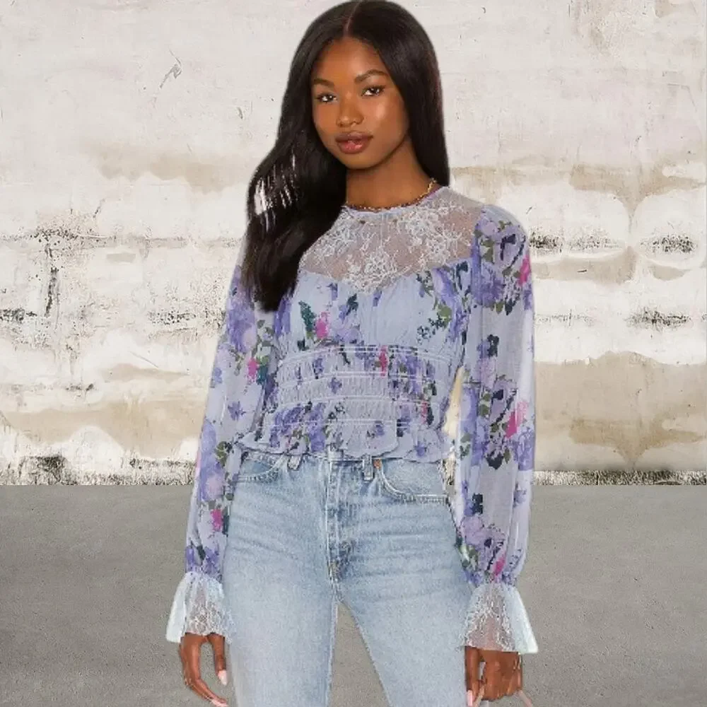 Free People $128 Daphne Blouse in Silver Blue Combo Size Large
